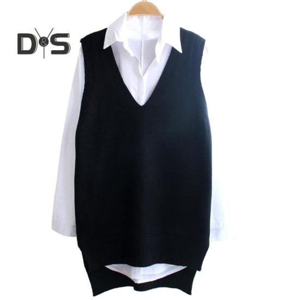 (black) Women Knitted Sweater Vest V neck Solid Color Sleeveless Pullover Sweater Mid length Loose Knitted Vest Spring Autumn Office Ladies Commuter Clothes