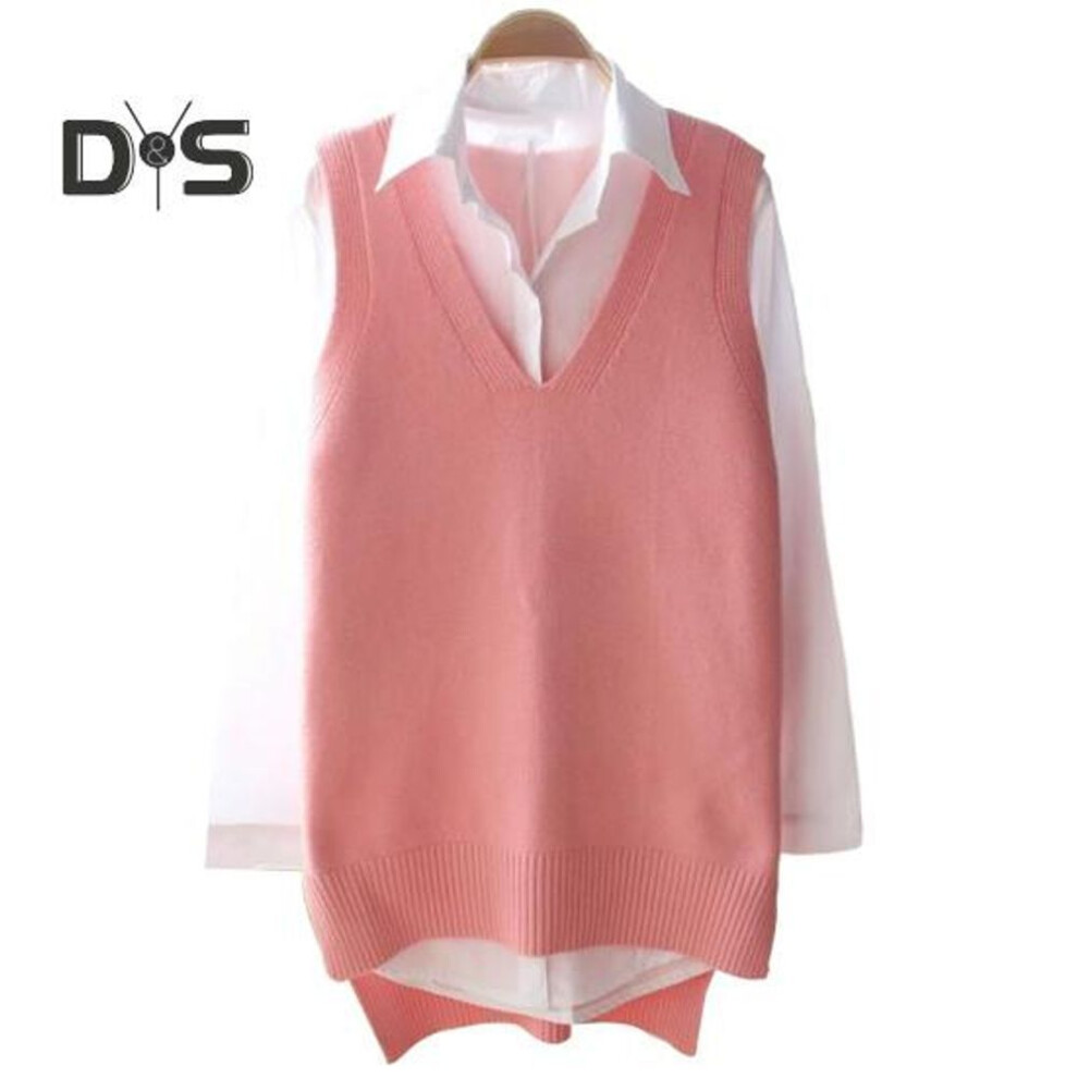 (pink) Women Knitted Sweater Vest V neck Solid Color Sleeveless Pullover Sweater Mid length Loose Knitted Vest Spring Autumn Office Ladies Commuter Clothes