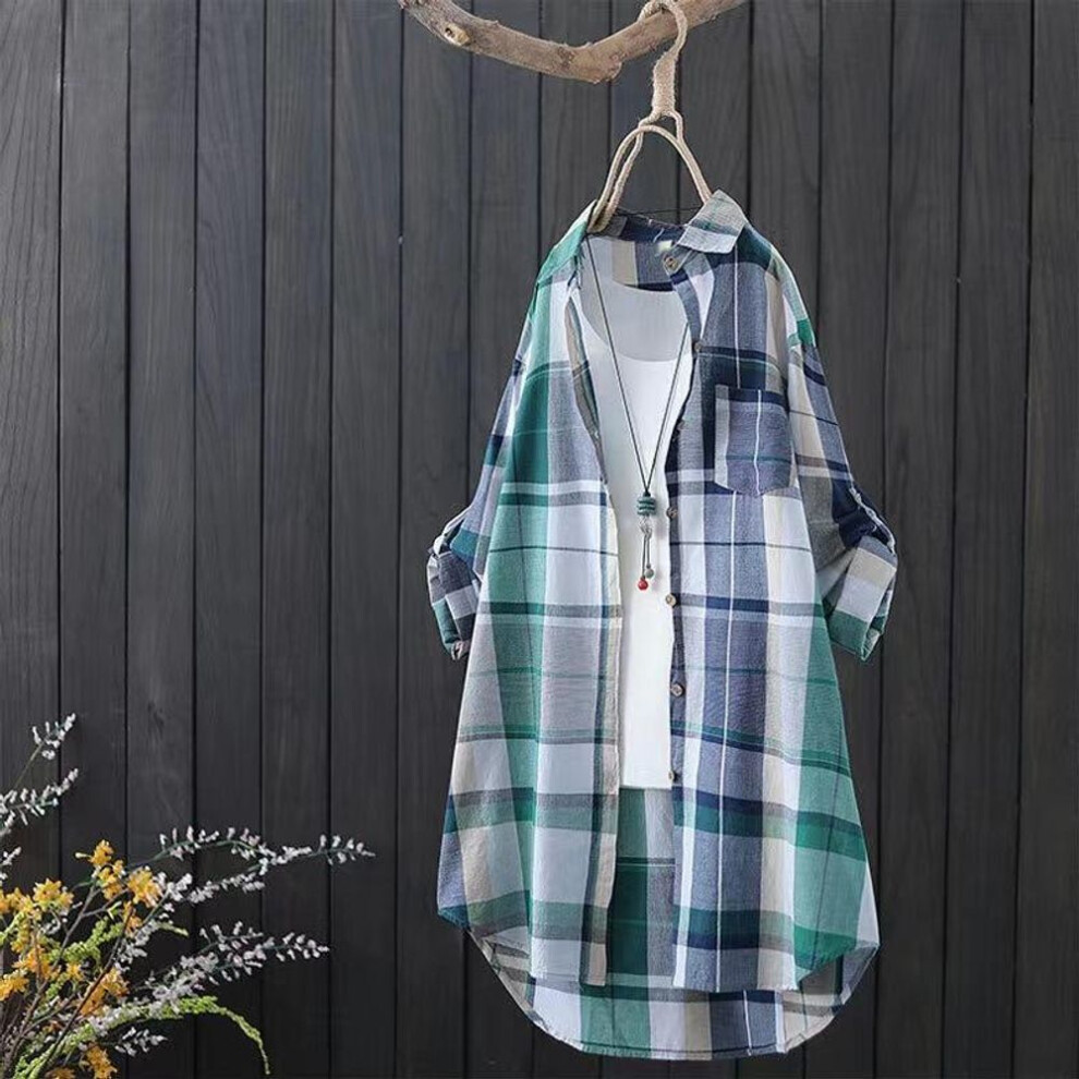 (M, blue) Plaid Cotton Mid Length Blouses Women 2025 Autumn Long Sleeve Elegant Casual Shirt Korean Fashion New Loose Button Blouses