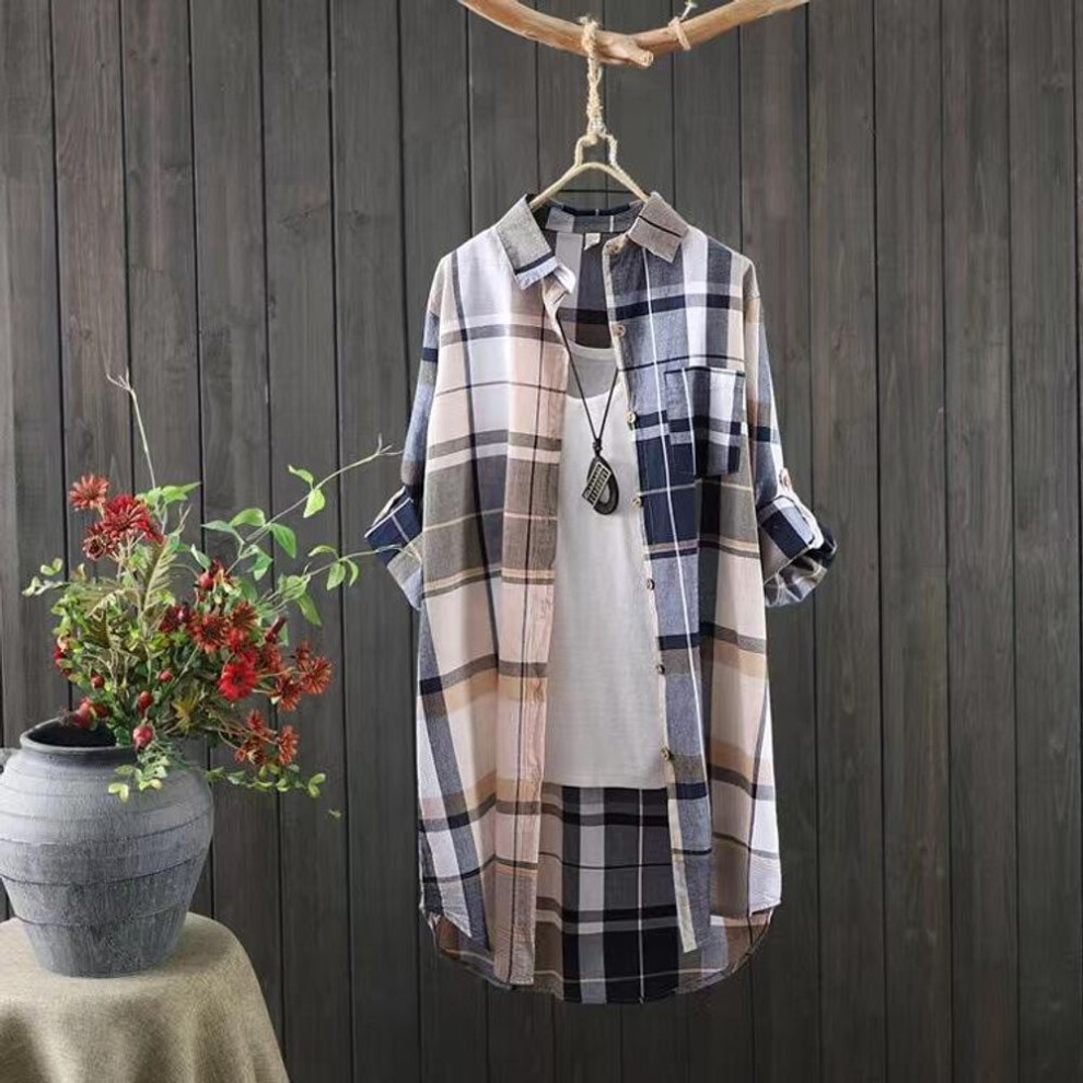 (M, khaki) Plaid Cotton Mid Length Blouses Women 2025 Autumn Long Sleeve Elegant Casual Shirt Korean Fashion New Loose Button Blouses