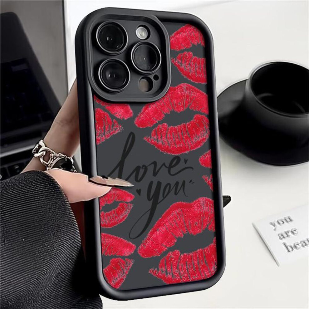 (black, iPhone 8 / 7 / SE 2 / SE 3) Love Lips Pattern TPU Soft Phone Case For iPhone 16 Pro Max 15 Plus 14 Pro 13 12 11 XR XS 8 7 Lens Protection Shockproof Matte Bumper Cover