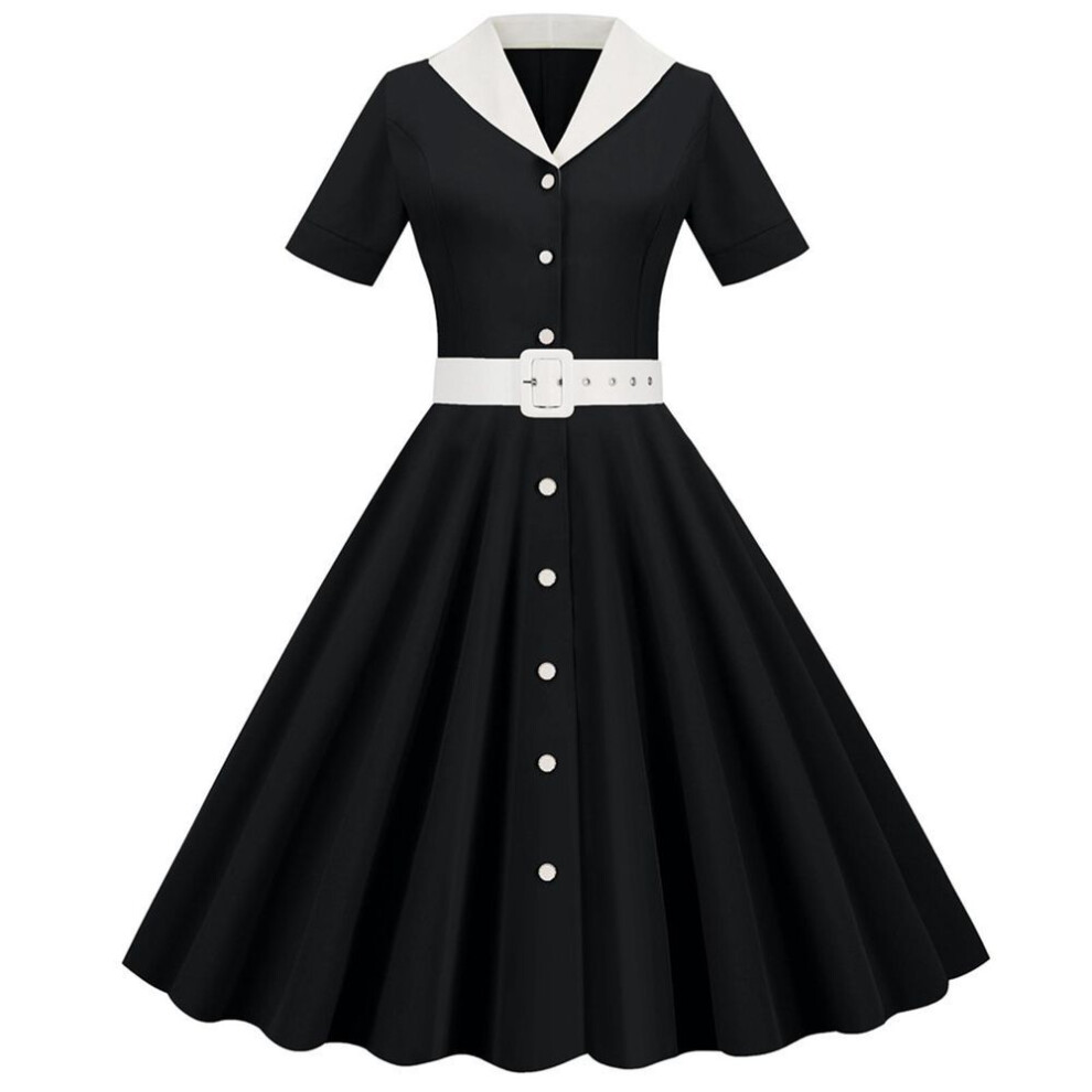 (black, M) Women's Solid Color Retro Short-Sleeved V-Neck Casual Party Hem Dress