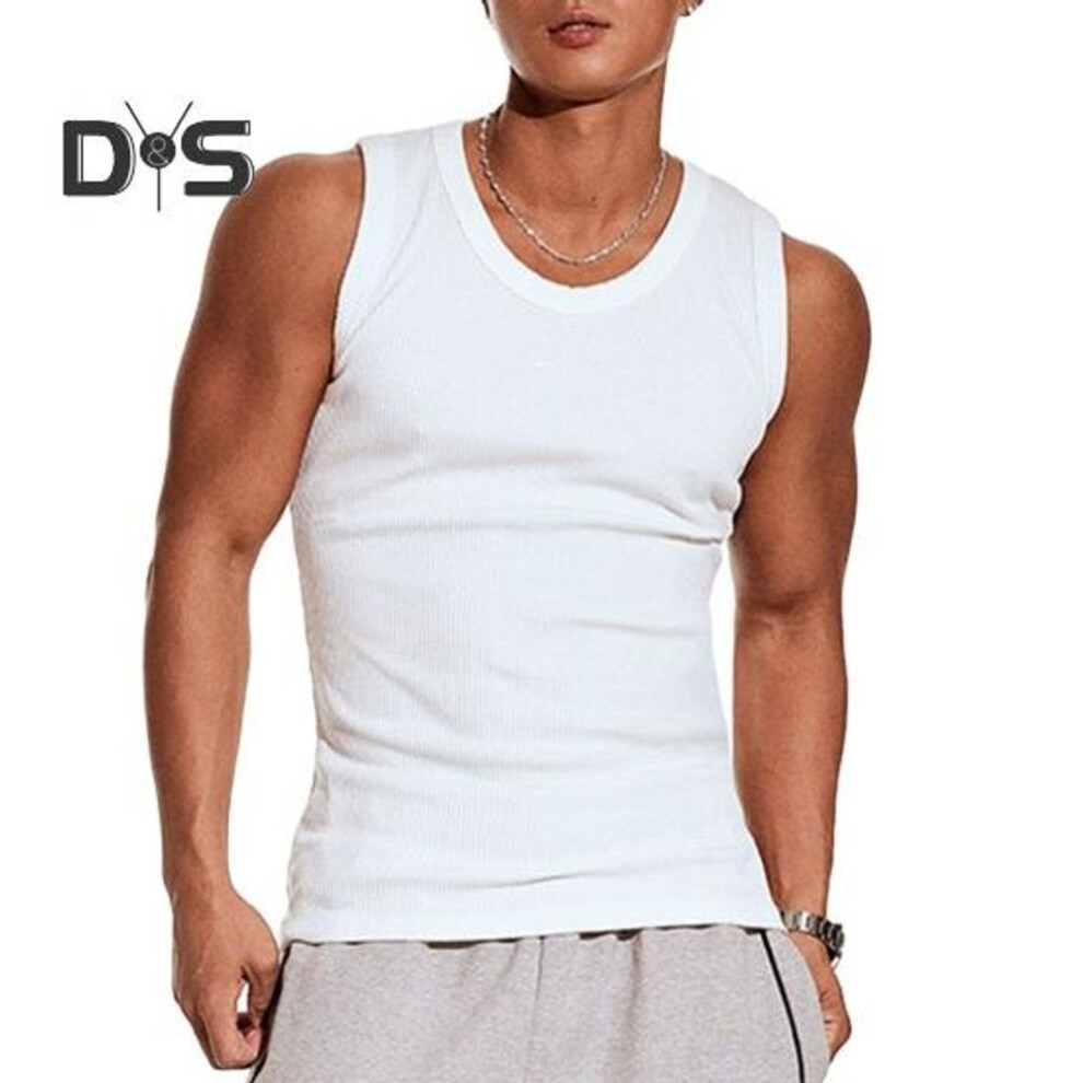 (white, M) Men Vest Ribbed Fabric Round Neck Tight Fit Solid Color Tank Tops Breathable Vest Sports Fitness Streetwear