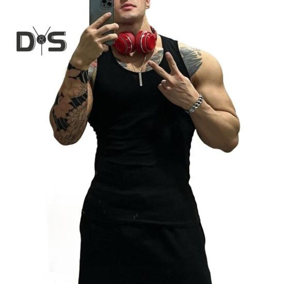 (black, M) Men Vest Ribbed Fabric Round Neck Tight Fit Solid Color Tank Tops Breathable Vest Sports Fitness Streetwear