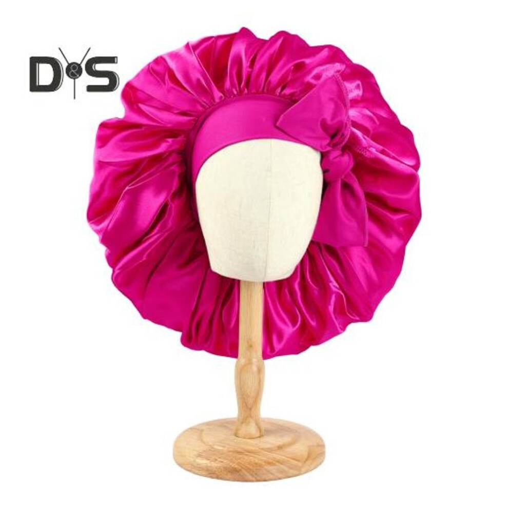 (rose red) Hair Cap Satin Bonnet Extra Large Sleeping Bonnet Solid Color Bow Decor Elastic Band High Density Women Braids Curly Night Hat Bath Shower Cap