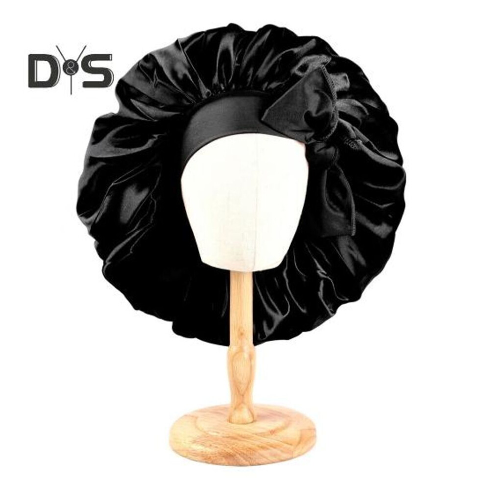 (black) Hair Cap Satin Bonnet Extra Large Sleeping Bonnet Solid Color Bow Decor Elastic Band High Density Women Braids Curly Night Hat Bath Shower Cap