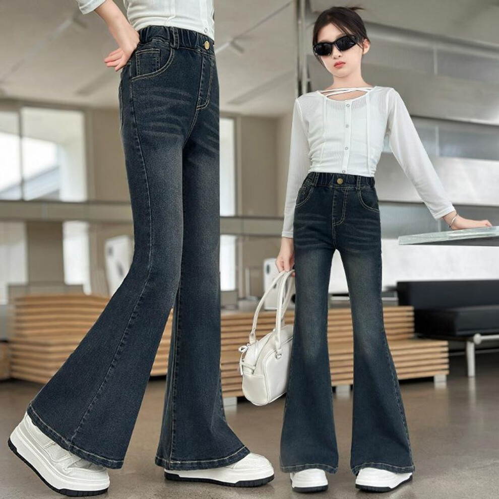 (blue, 160) Girls' Flared Pants Autumn and Spring Children's High-waisted Jeans Slim Western Style Girls Casual Trousers