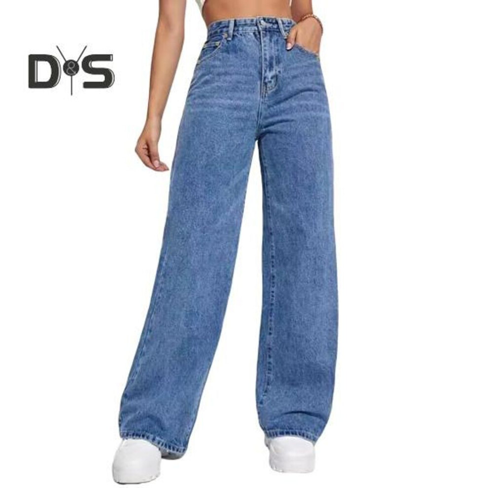 (dark blue, M) High Waist Denim Pants For Women Stretchy Wide-leg Jeans With Pockets Casual Straight Leg Jean Trousers For Summer Autumn