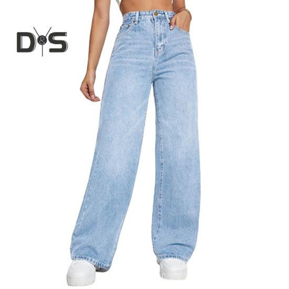(light blue, M) High Waist Denim Pants for Women Stretchy Wide-Leg Jeans with Pockets Casual Straight Leg Jean Trousers for Summer Autumn