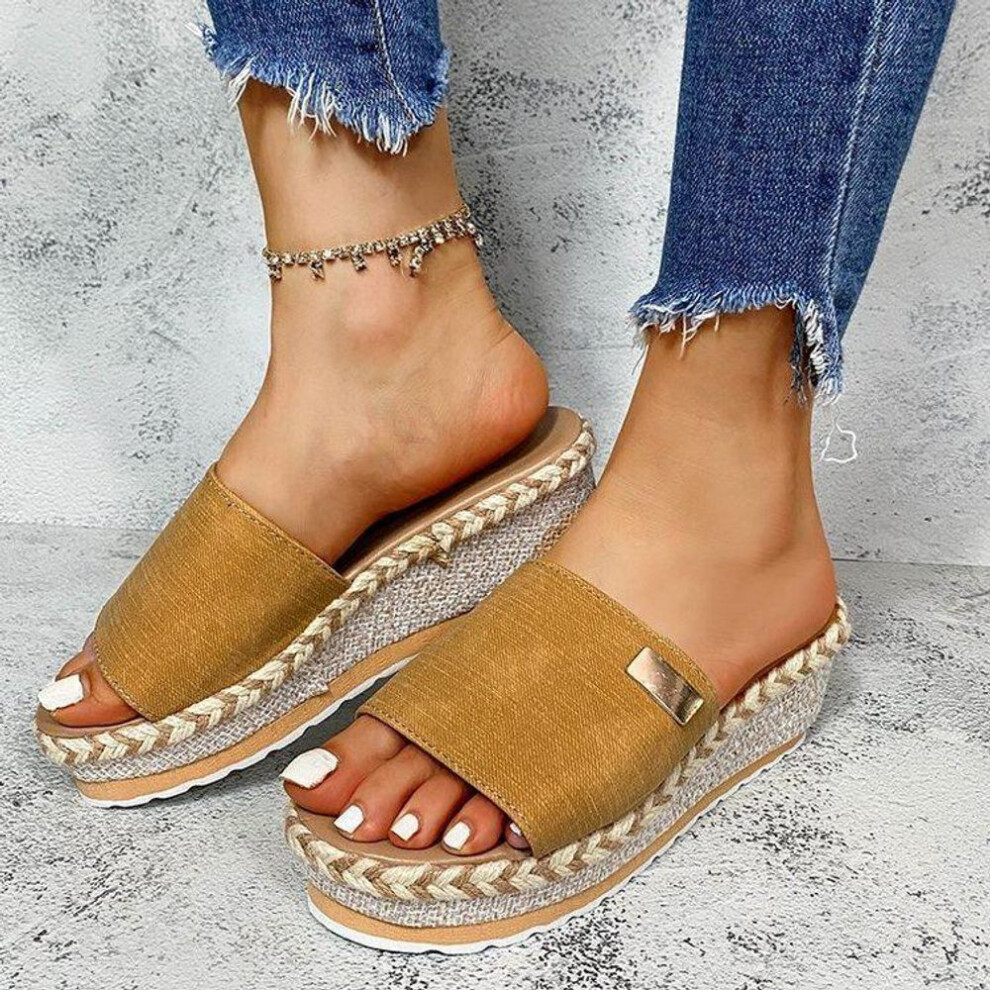(yellow, 40) 2020 Women's Peep-Toe Wedge Sandals - European/American Slip-On Style, Fashionable, Large Sizes Available