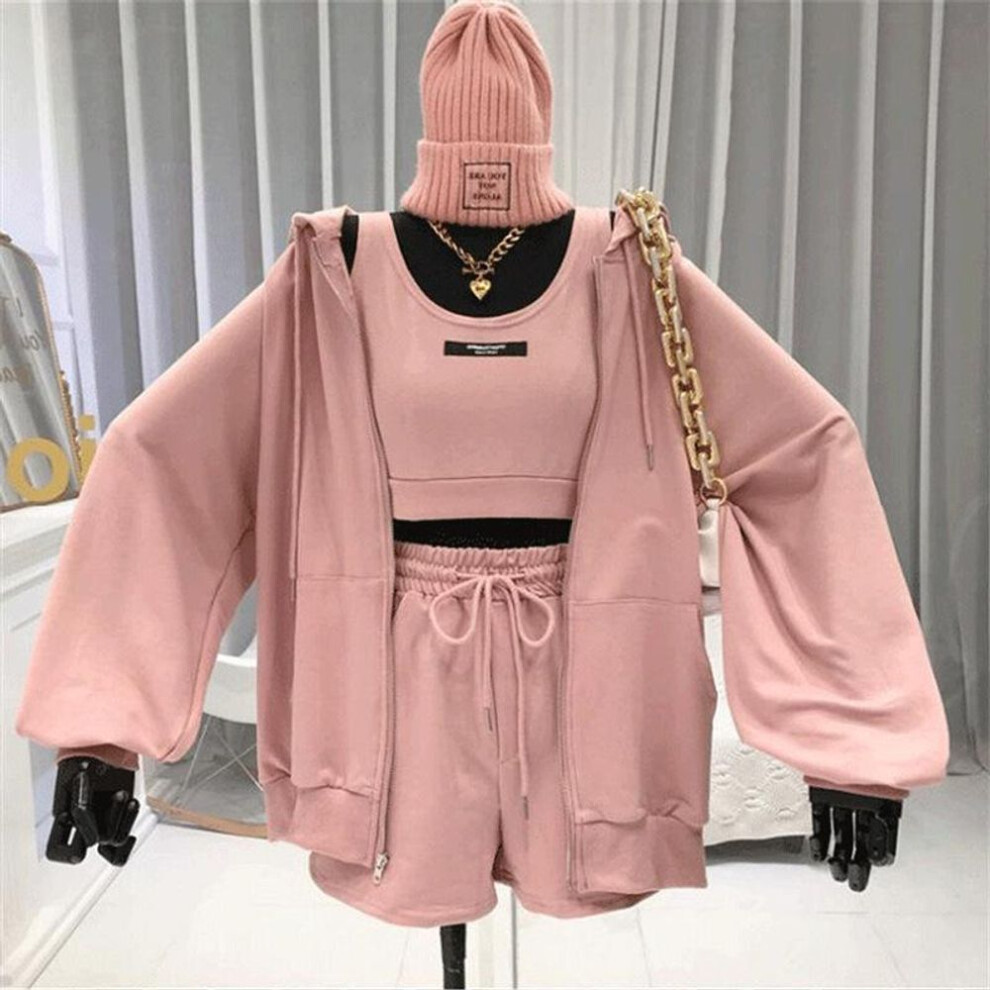 (pink, XL) Women's Sporty Hooded Three-Piece Set: Spring & Autumn Casual Vest, Fitness Running Sweatshirt, and Shorts for a Youthful Look.