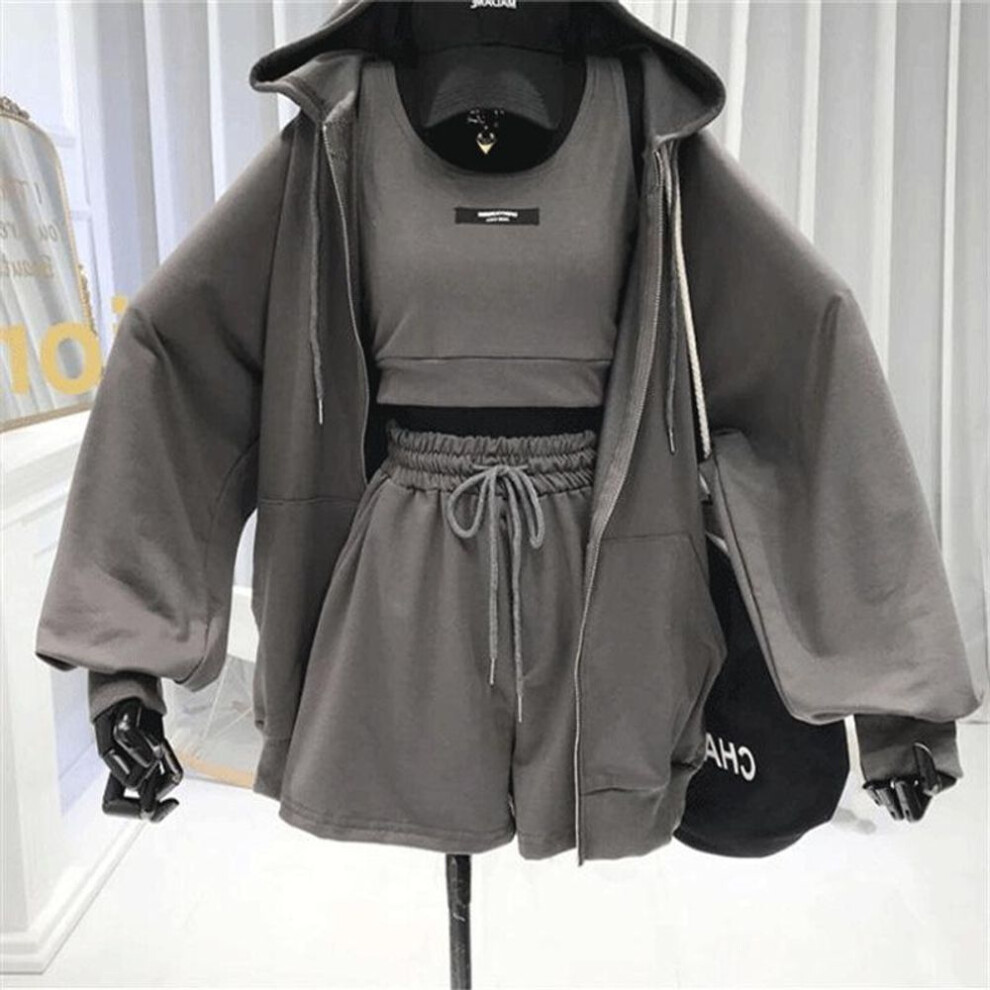 (gray, 2XL) Women's Sporty Hooded Three-Piece Set: Spring & Autumn Casual Vest, Fitness Running Sweatshirt, and Shorts for a Youthful Look.