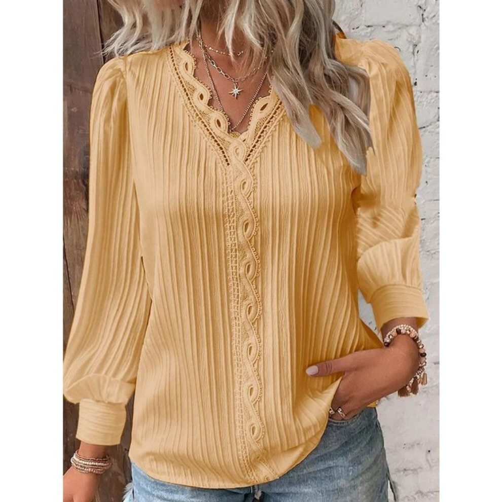 (XXXXXL, yellow) QICED Women's Autumn Long Sleeve V-Neck Lace Patchwork Blouse Shirt