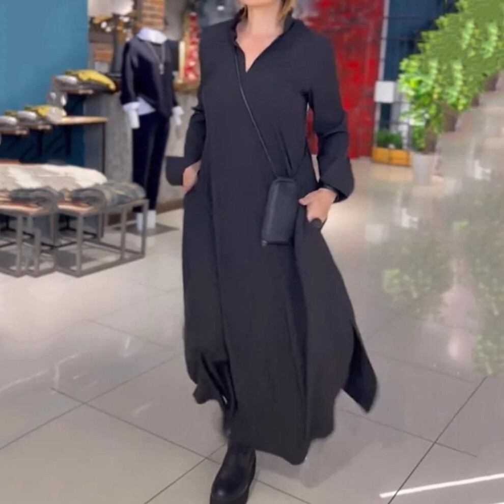 (black, XL) 2025 Autumn Winter Solid Color Fashion Dress Female Elegant Long Sleeve Maxi Dress Casual Women Loose Hem Pullover Robe