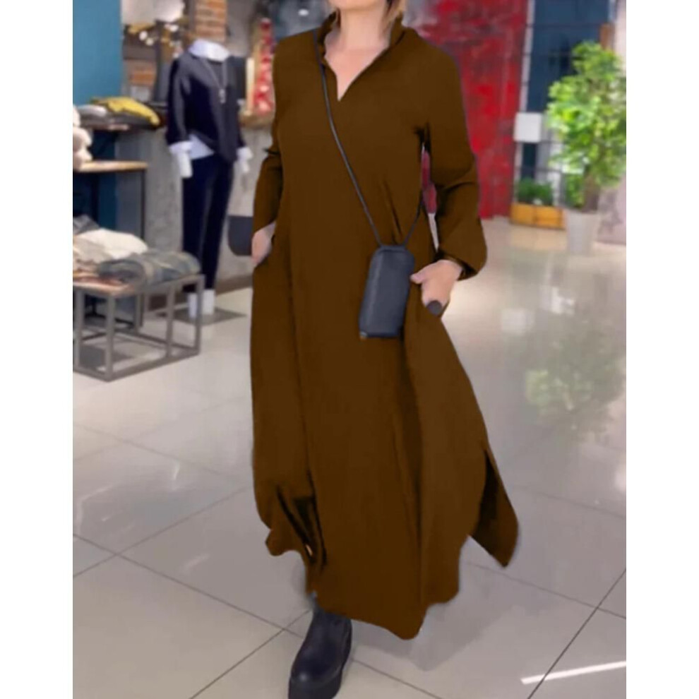 (brown, M) 2025 Autumn Winter Solid Color Fashion Dress Female Elegant Long Sleeve Maxi Dress Casual Women Loose Hem Pullover Robe