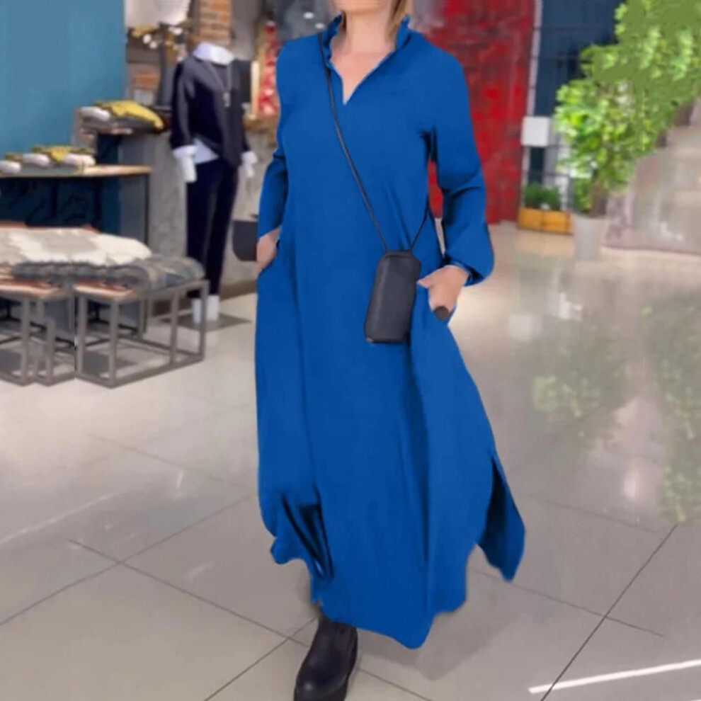 (blue, M) 2025 Autumn Winter Solid Color Fashion Dress Female Elegant Long Sleeve Maxi Dress Casual Women Loose Hem Pullover Robe