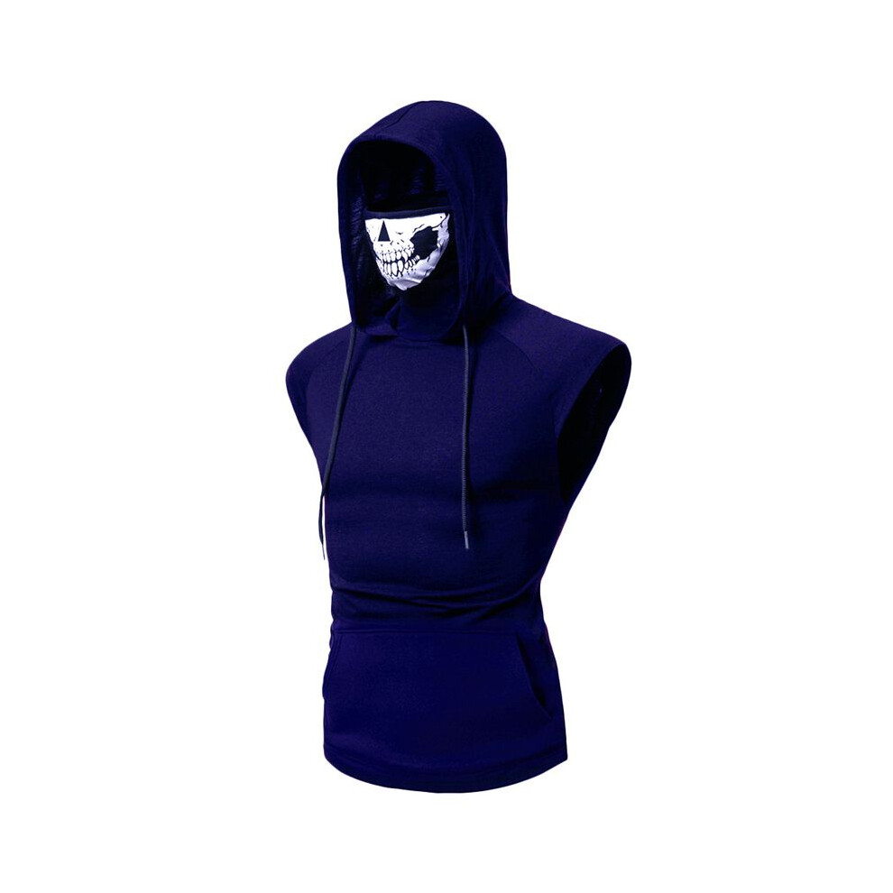 (Sleeveless - Blue,XL)Sweat à capuche homme crâne t-shirt débardeurs pull gilet sport coupe slim avec masque