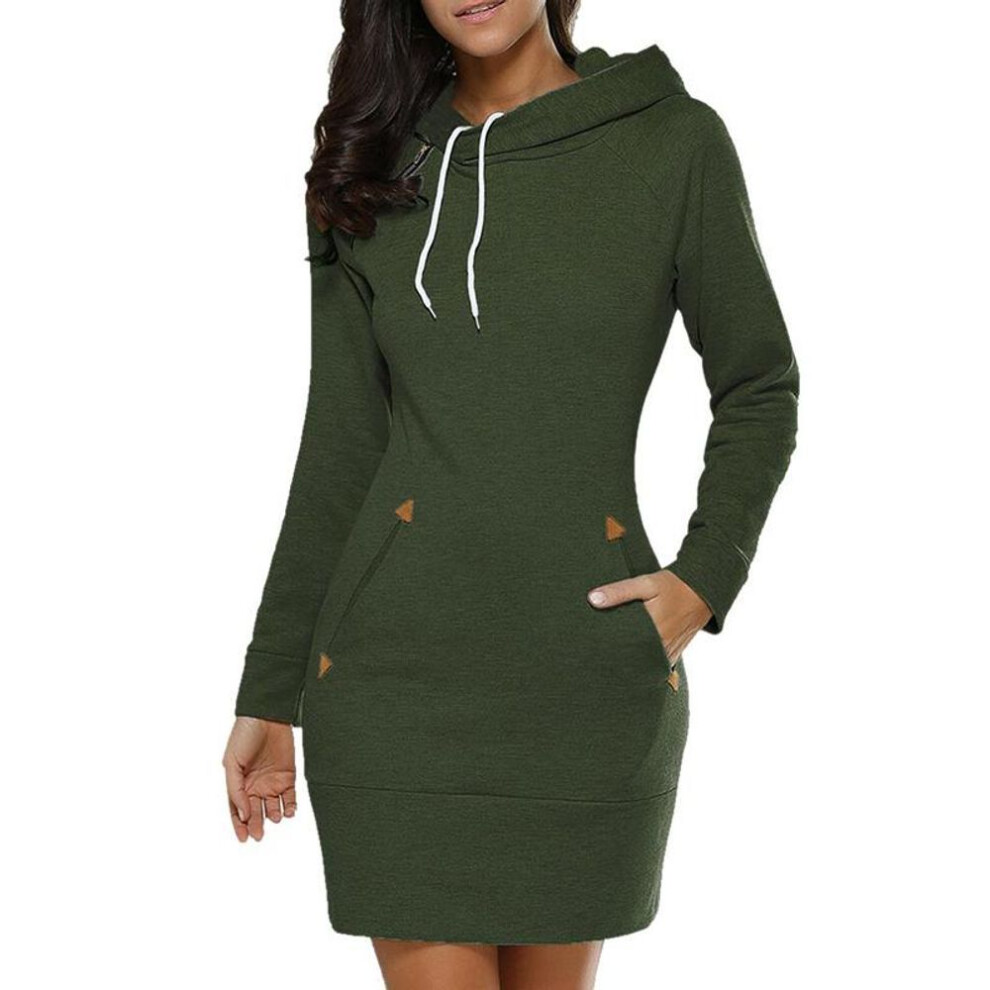 (green, M) Spring And Autumn Ladies Knee-Length Dress Hooded Warm Sweatshirt Long Sleeve Camp Collar Pocket Simple Casual Sports Dress