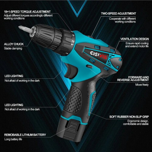 12V Cordless Electric Drill & Screwdriver - 20pcs Set - 2 Battery 1