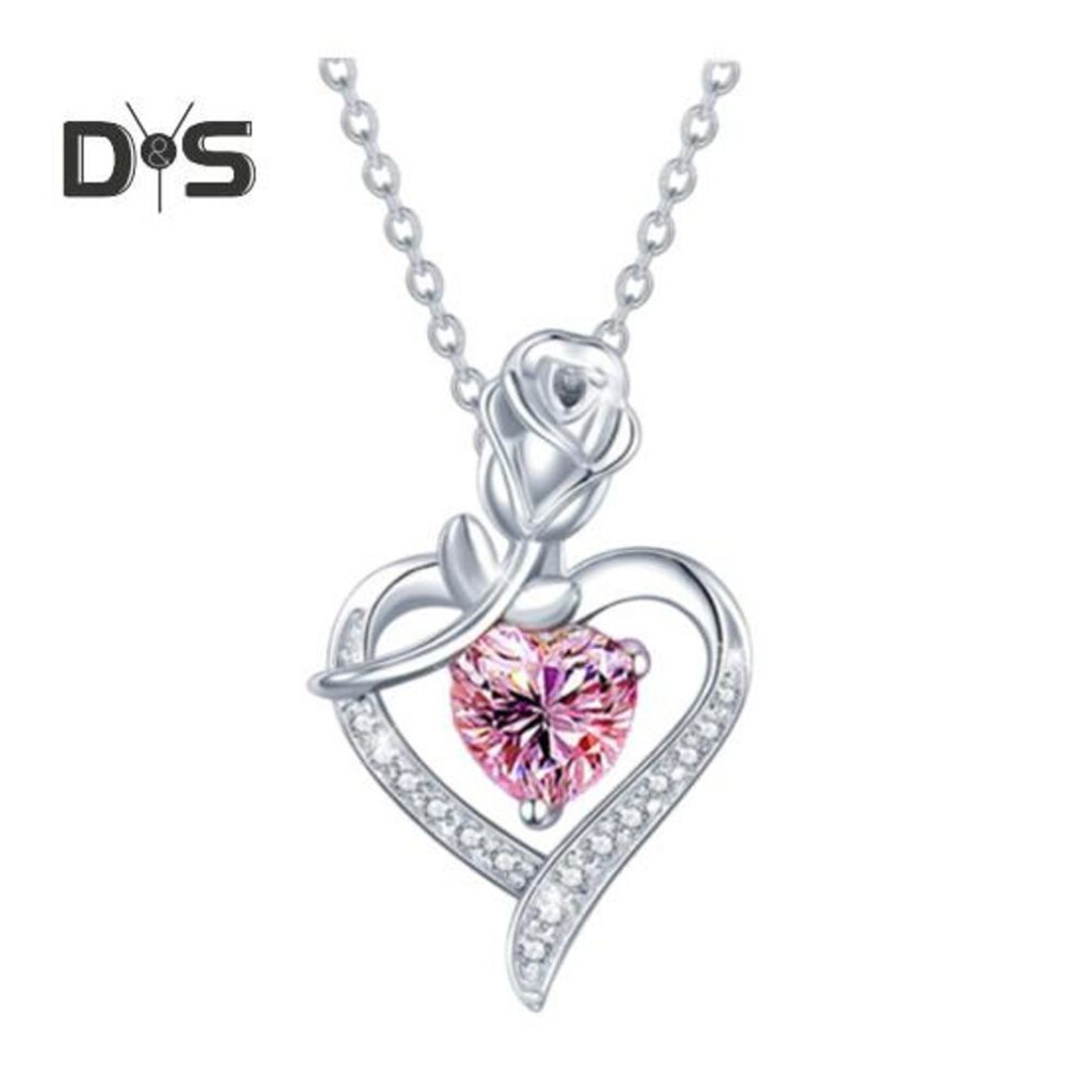 (pink) Love Pendant Necklace Women Alloy Necklace Heart-Shaped Rose Design Pendant with Rhinestones Jewelry for Mom Wife Anniversary Gift Mother's Day