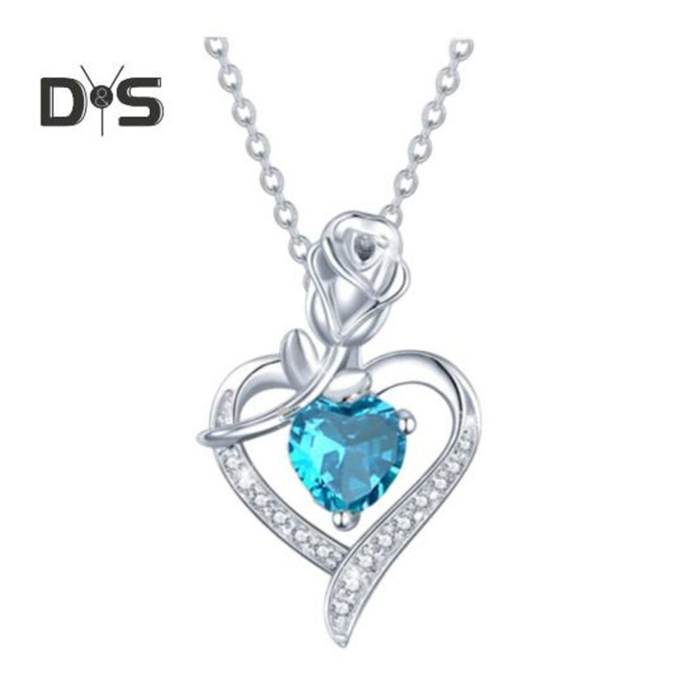 (blue) Love Pendant Necklace Women Alloy Necklace Heart-Shaped Rose Design Pendant with Rhinestones Jewelry for Mom Wife Anniversary Gift Mother's Day
