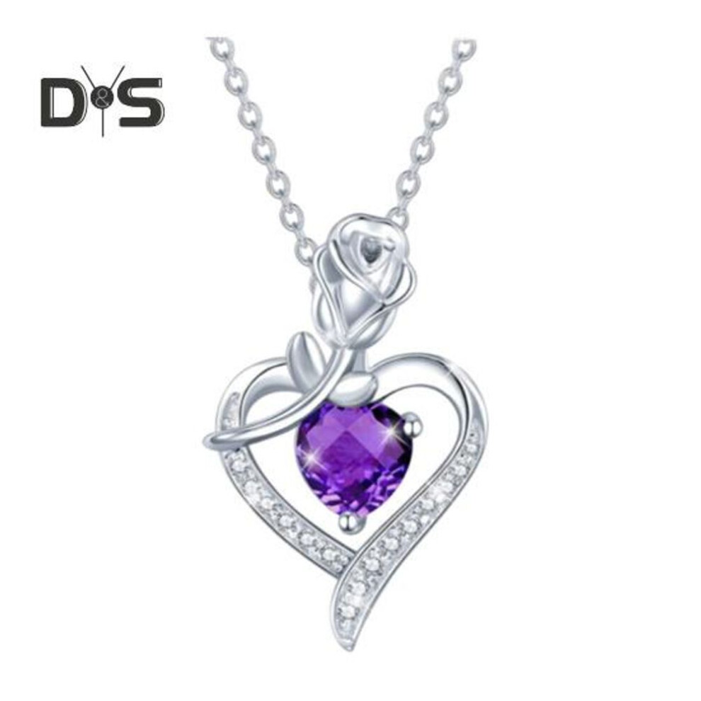 (purple) Love Pendant Necklace Women Alloy Necklace Heart-Shaped Rose Design Pendant with Rhinestones Jewelry for Mom Wife Anniversary Gift Mother's Day