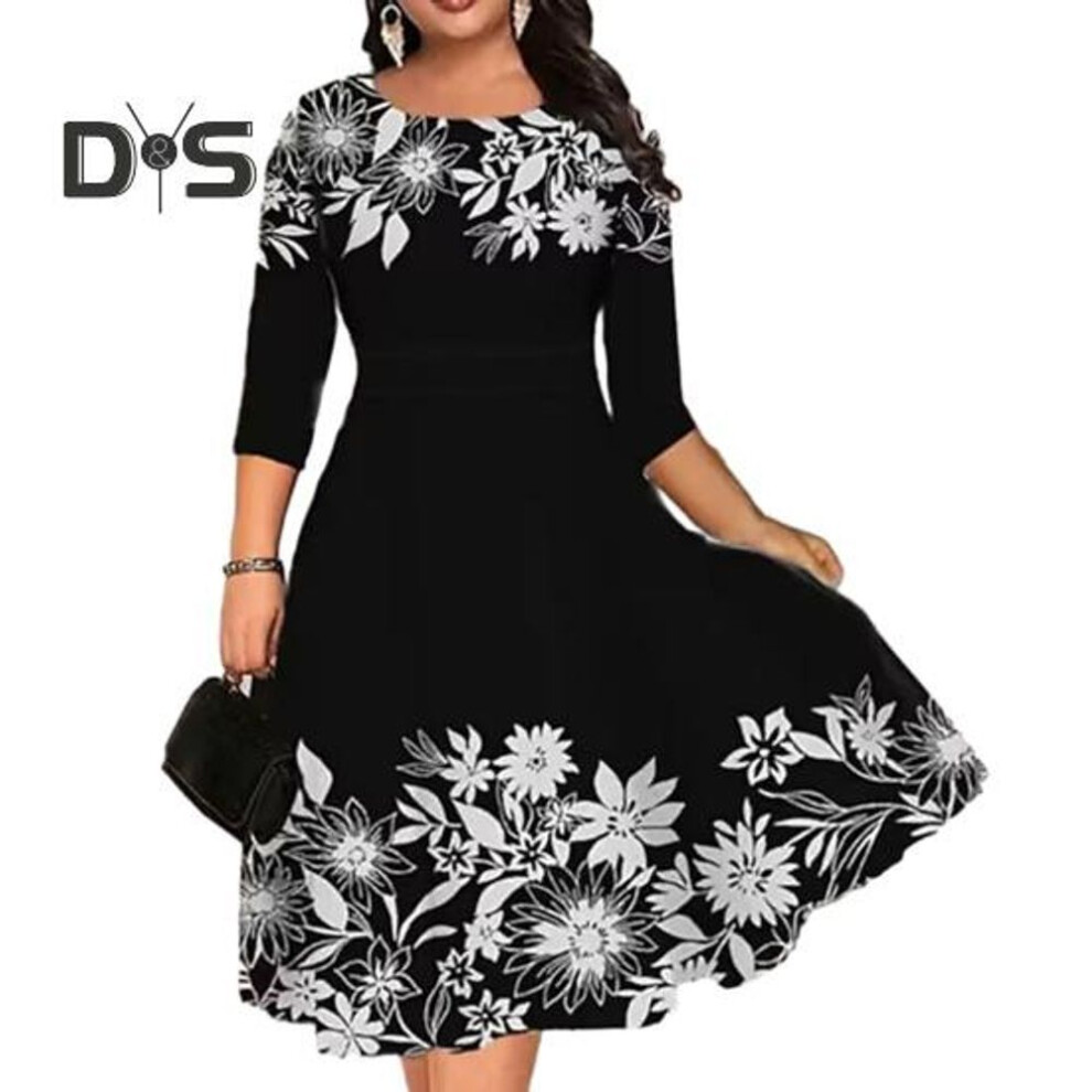 (black, XL) Summer O neck 3/4 Sleeve Midi Dress Butterflies Flower Printing Waist Tight Loose Hem A Line Elegant Casual Dress Streetwear