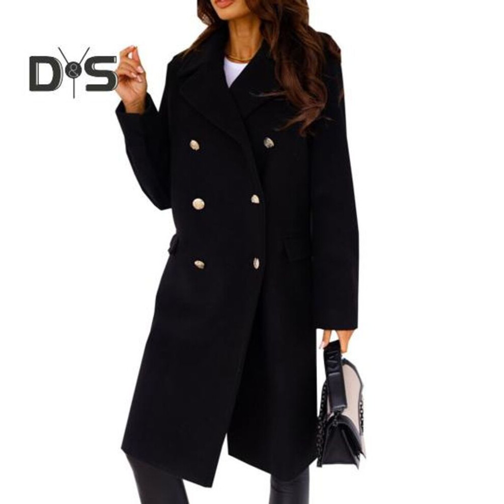 (black, XXL) Women Winter Overcoat Turn-down Collar Pockets Pure Color Double-breasted Cardigan Loose Fit Coat Thermal Long Sleeves Commuting Dating Winter Coat