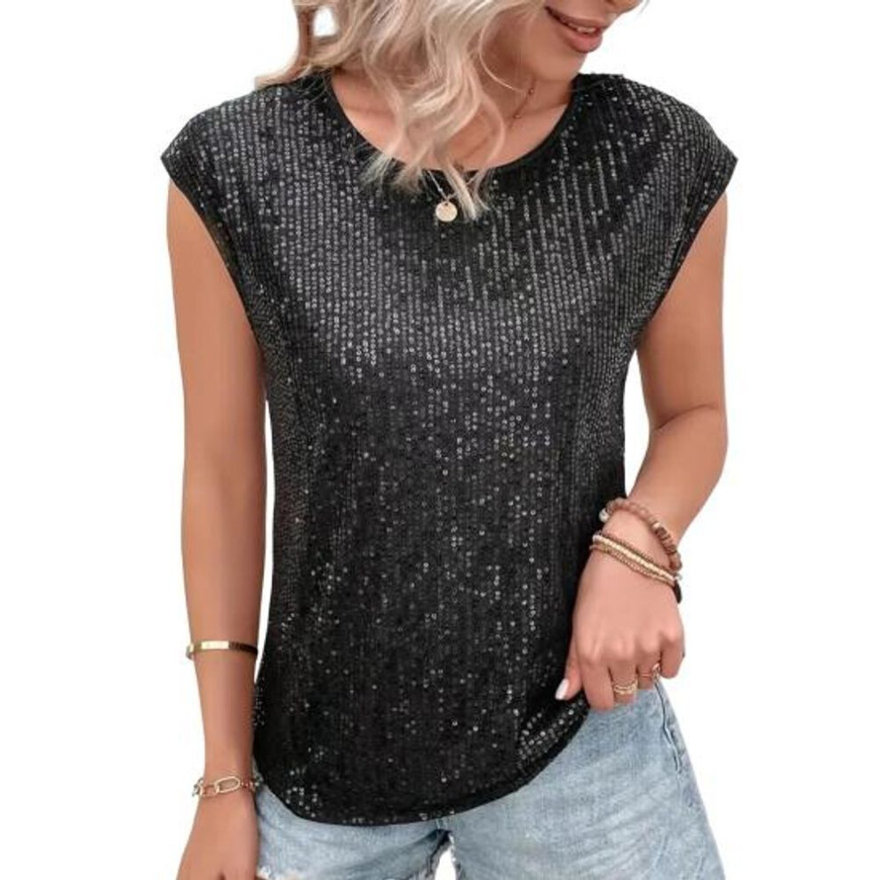 (S, black) Women T-shirt Round Neck Sleeveless Loose Fit Tee Shirt Shiny Sequins Casual Tees Regular Fit Top Daily Wear