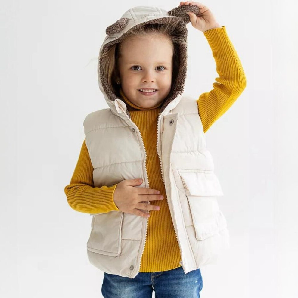 (warm white, 90(12M)) Kids Hooded Vest with Cute Ears (Ages 1–6) – Warm & Stylish