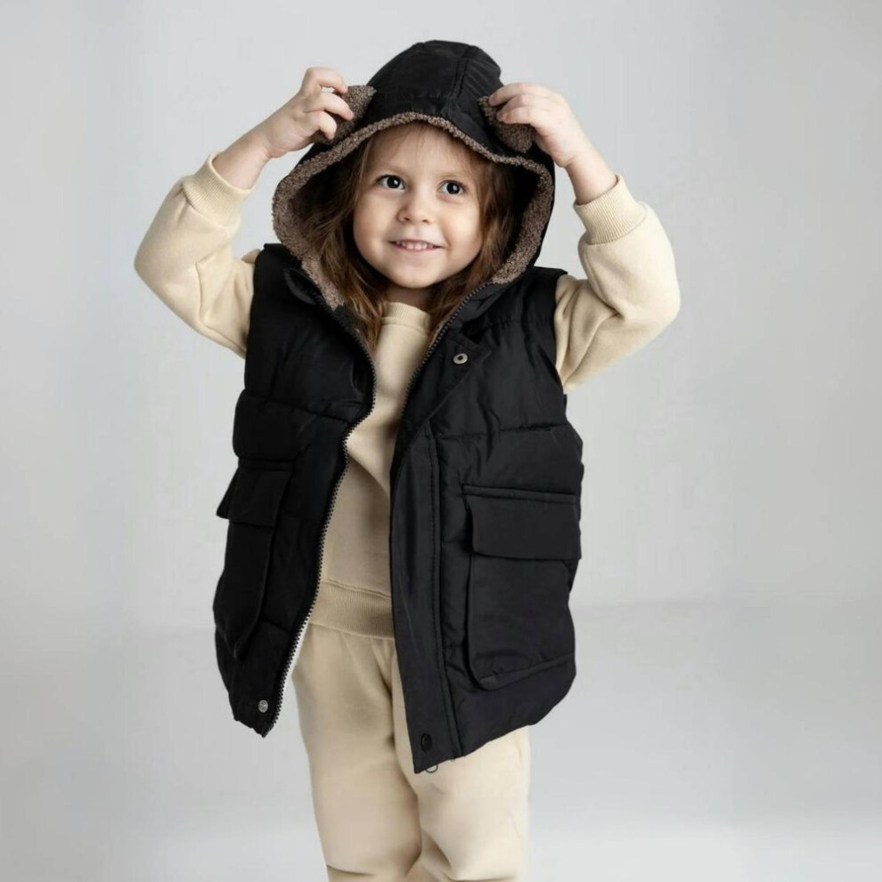 (black, 110(3T)) Kids Hooded Vest with Cute Ears (Ages 1–6) – Warm & Stylish