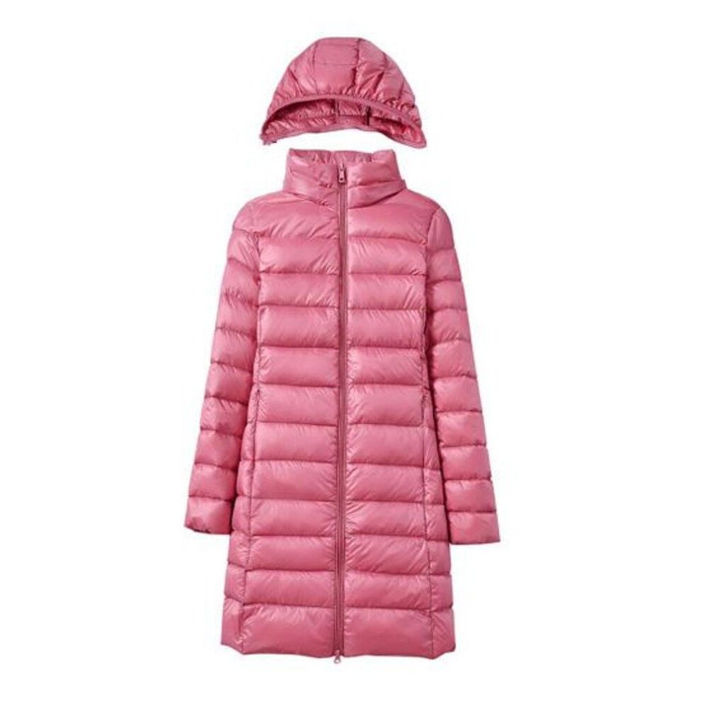 (pink, XXL) Women Winter Down Coat Hooded Padded Solid Color Mid Length Slim Fit