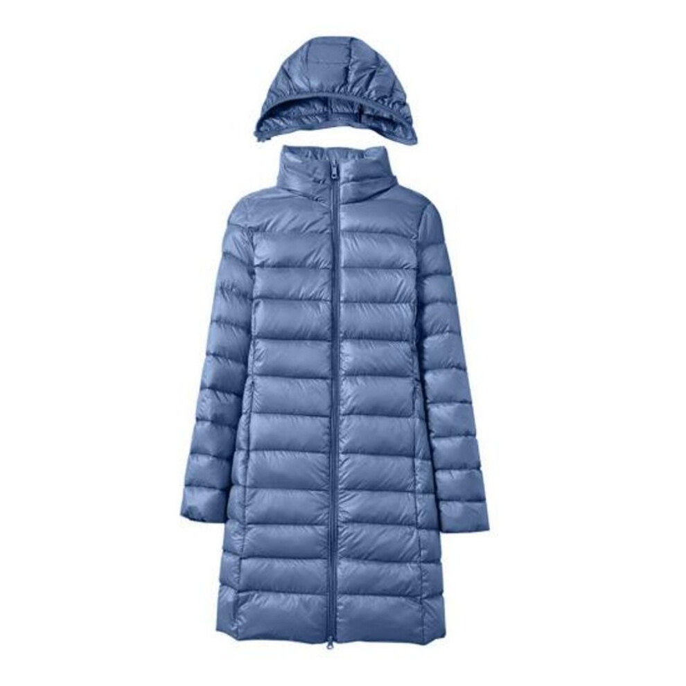 (blue, XL) Women Winter Down Coat Hooded Padded Solid Color Mid Length Slim Fit