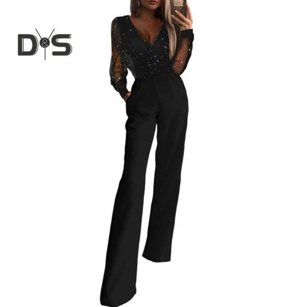(M, black) Women Jumpsuit See-through Mesh Patchwork High Waist with Pockets Wide Leg V Neck Prom Party Formal Banquet Jumpsuit