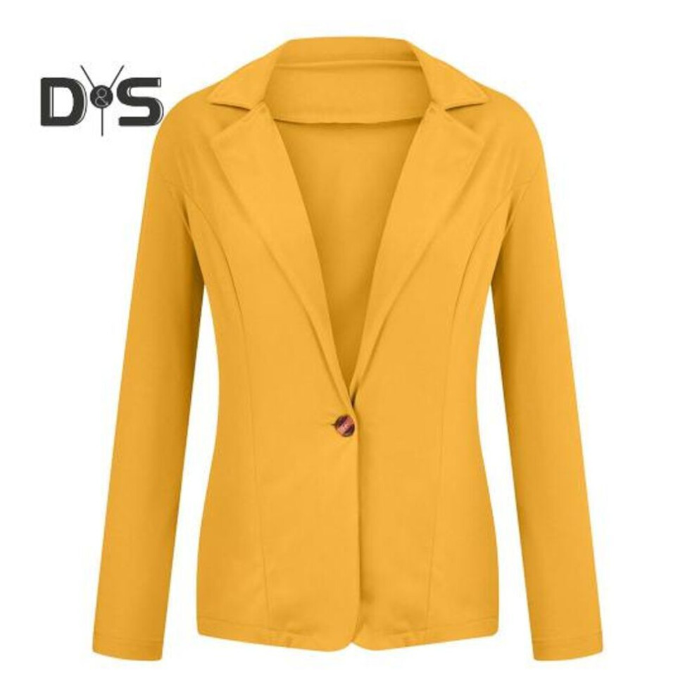 (yellow, L) Women Suit Coat Lapel Long Sleeve Slim Fit Single Button Suit Jacket Solid Color Versatile Basic Jacket Business Tops Daily Wear