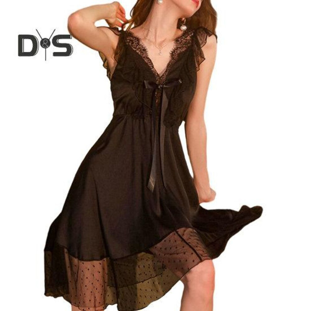 (black, M) Women Nightdress V Neck Lace Ruffle Double layered Bow decor Sleeveless Solid Color Mesh Satin Backless Knee Length Lady Nightgown