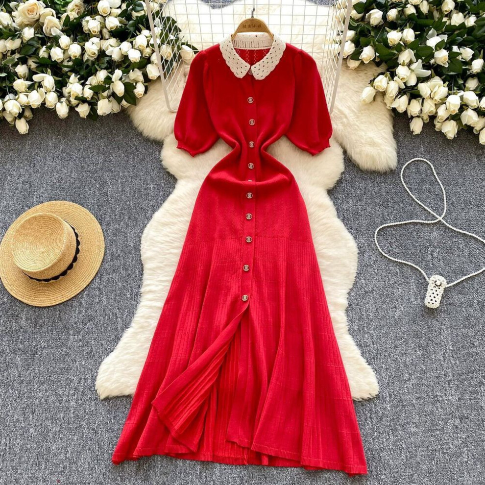 (red, One Size) Summer Women Elegant Peter Pan Collar Short Sleeve Single Breasted Knitted Sweater Long Maxi Dresses