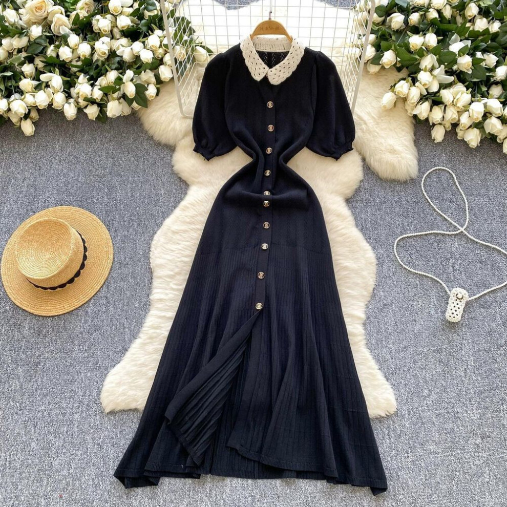 (black, One Size) Summer Women Elegant Peter Pan Collar Short Sleeve Single Breasted Knitted Sweater Long Maxi Dresses