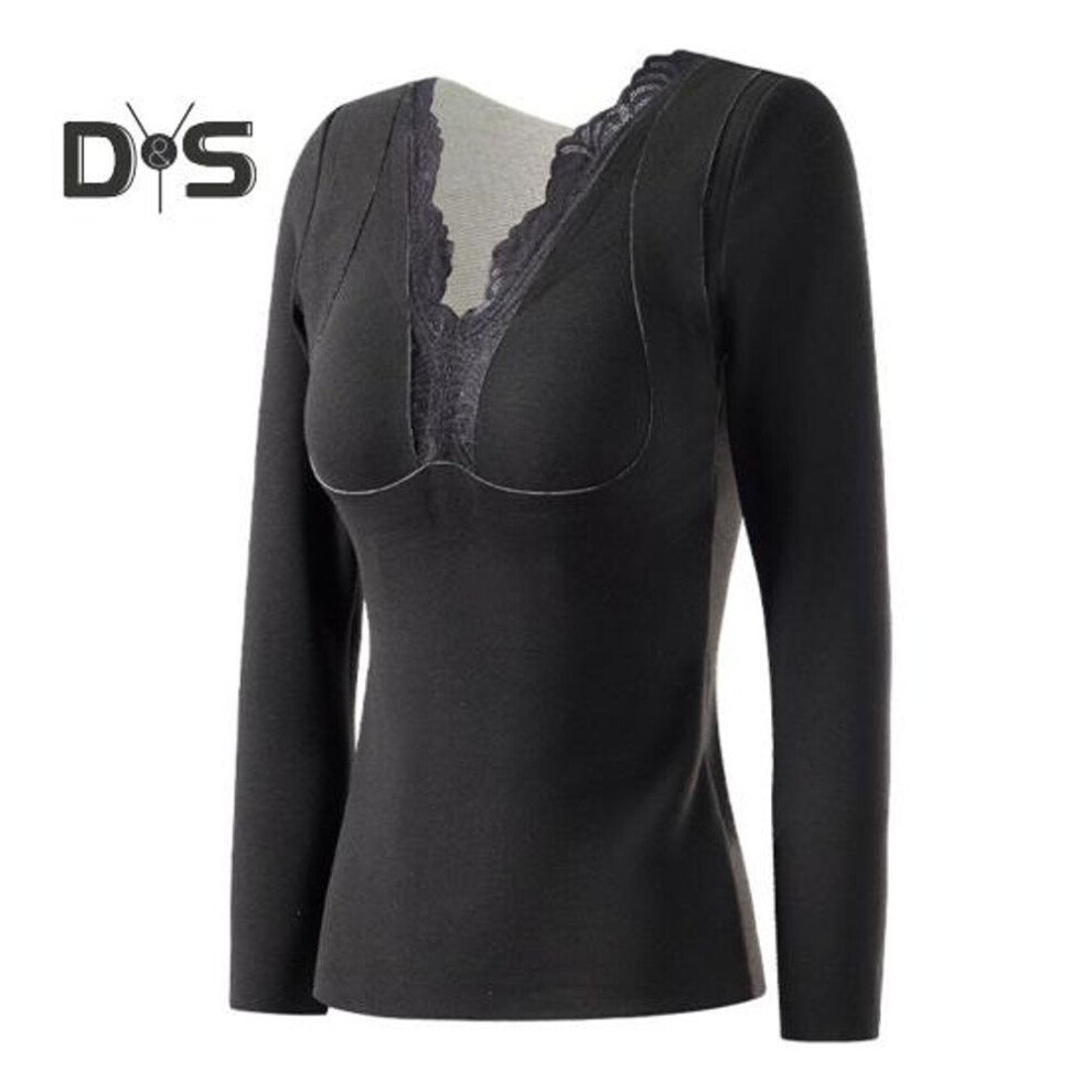 (black, L) Thermal Bottoming Tops with Built-in Chest Pads DE Velvet Double Layer Warmth Long Sleeve Pullover Tops Solid Color Winter Inner Outer Wear