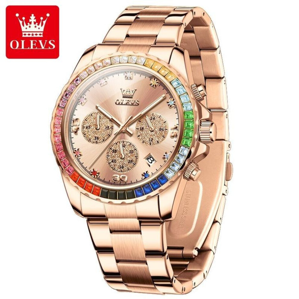 (rose gold) Watch for Men OLEVS Rainbow Gemstone Bezel Business Luxury Quartz Watches Waterproof Luminous Watches