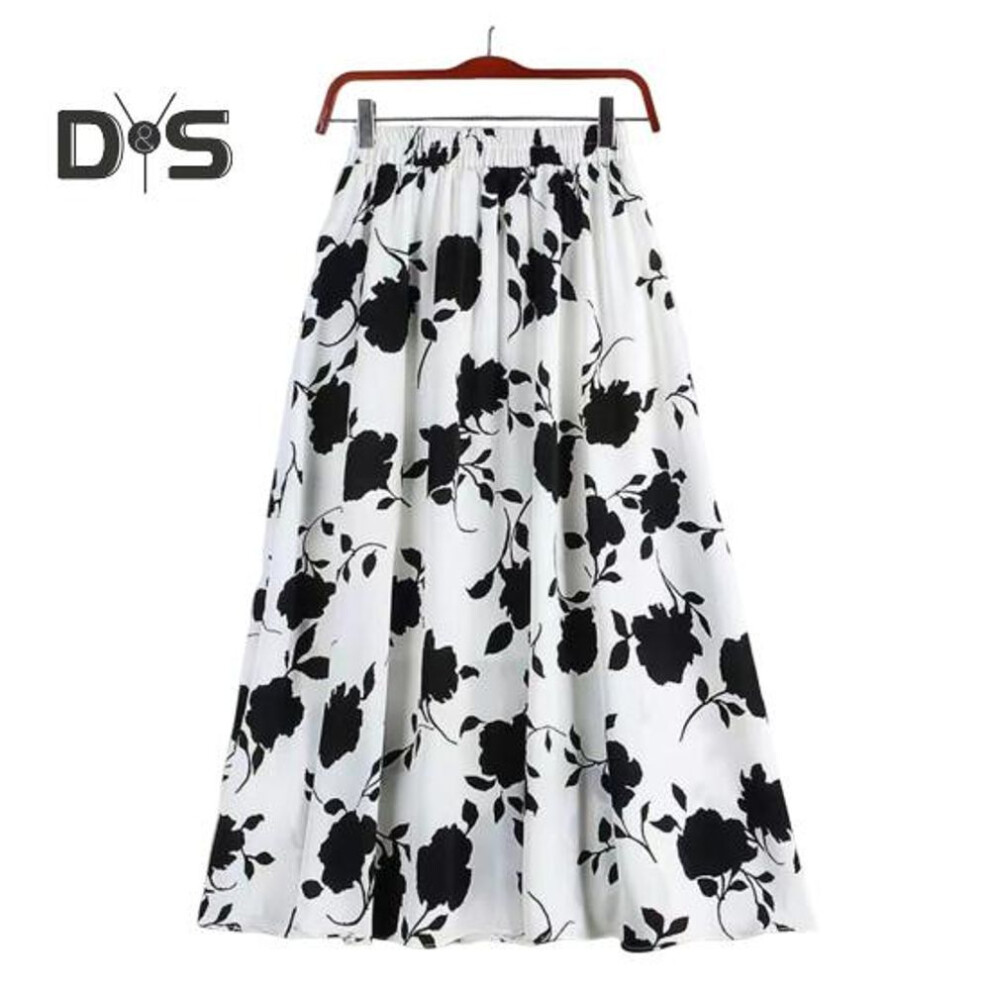 (L, white) Women Skirt Elastic High Waist A-Line Skirt Rose Flower Print Midi Skirt with Pleated Hem Work Leisure Daily Wear