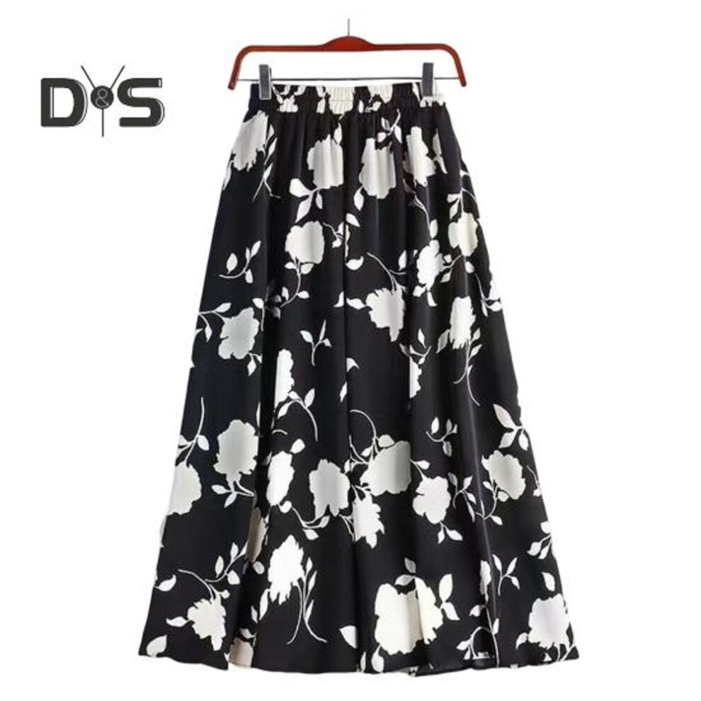 (M, black) Women Skirt Elastic High Waist A-Line Skirt Rose Flower Print Midi Skirt with Pleated Hem Work Leisure Daily Wear