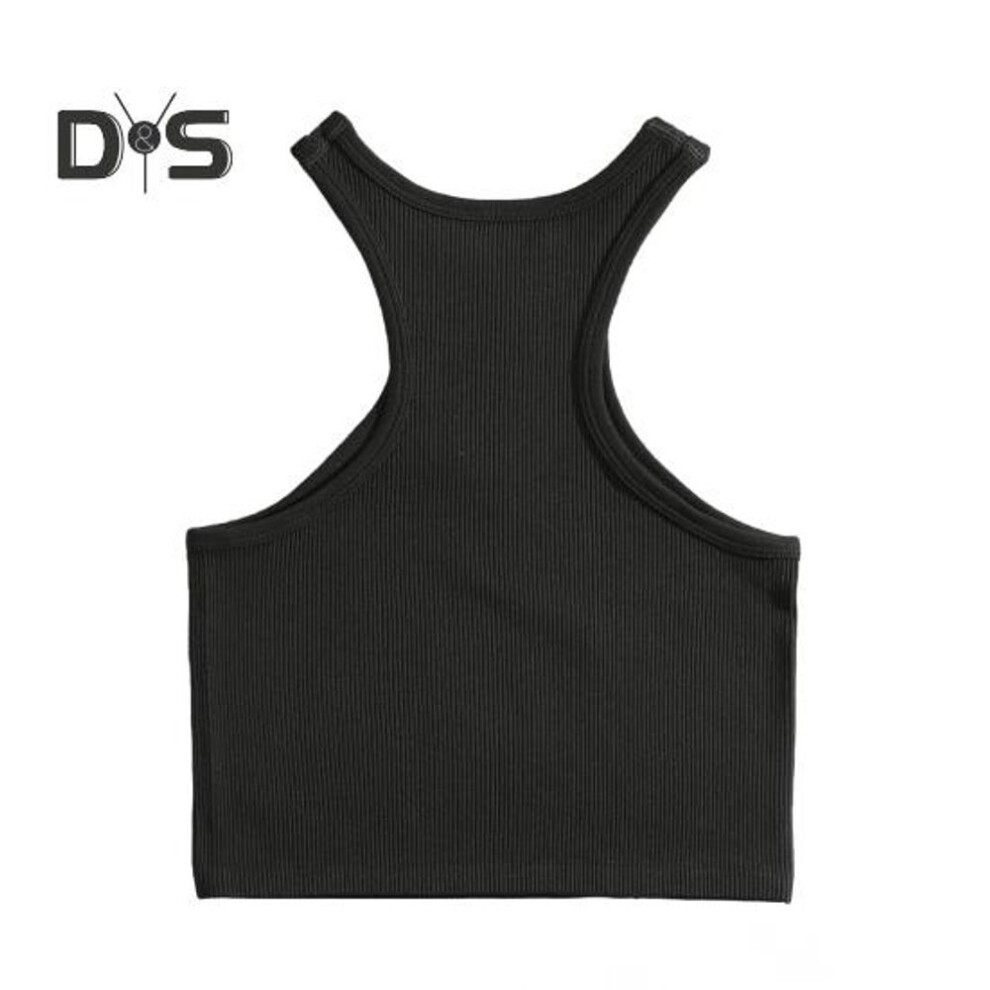 (L, black) Women Running Vest O-Neck Sleeveless Short Tank Tops Solid Color Ribbed Elastic Fitting Quick Drying Racer Back Vest
