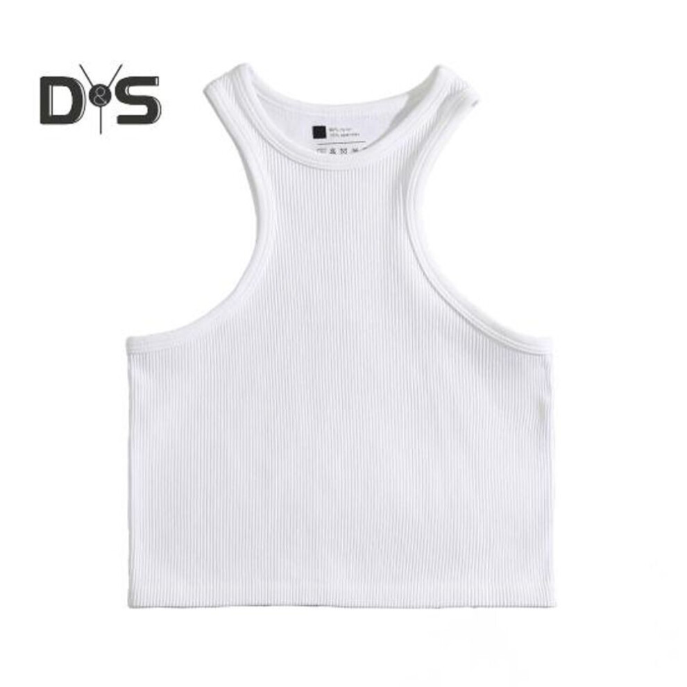 (S, white) Women Running Vest O-Neck Sleeveless Short Tank Tops Solid Color Ribbed Elastic Fitting Quick Drying Racer Back Vest