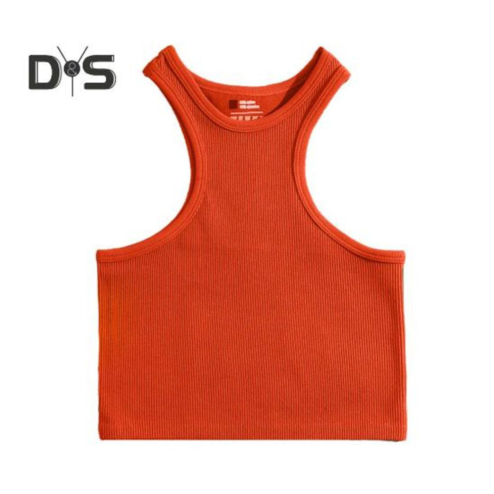 (S, orange) Women Running Vest O-Neck Sleeveless Short Tank Tops Solid Color Ribbed Elastic Fitting Quick Drying Racer Back Vest