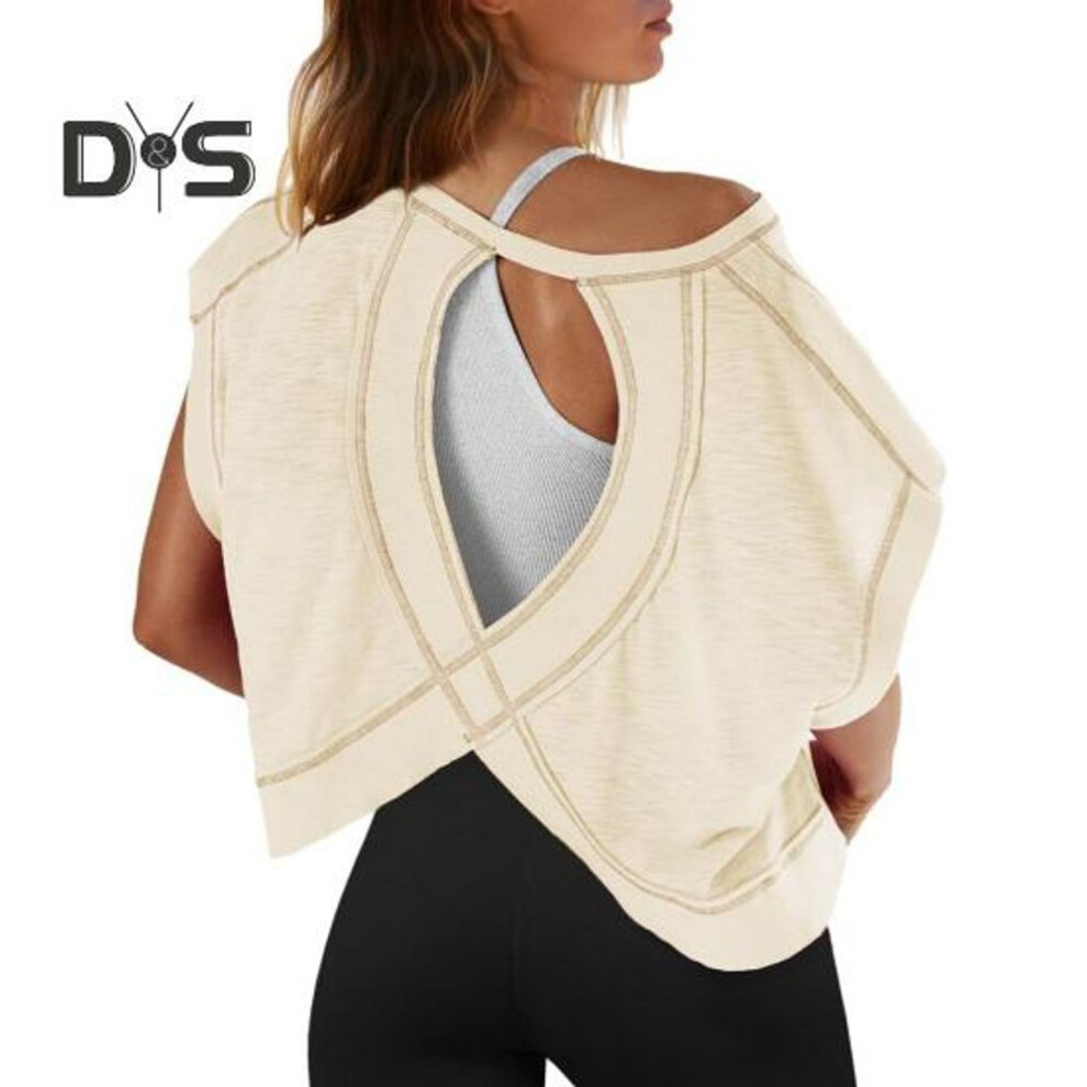 (L, apricot) Women Running T-shirt Round Neck Short Sleeve Backless Sports Top Loose Fit Solid Color Casual Gym Tops
