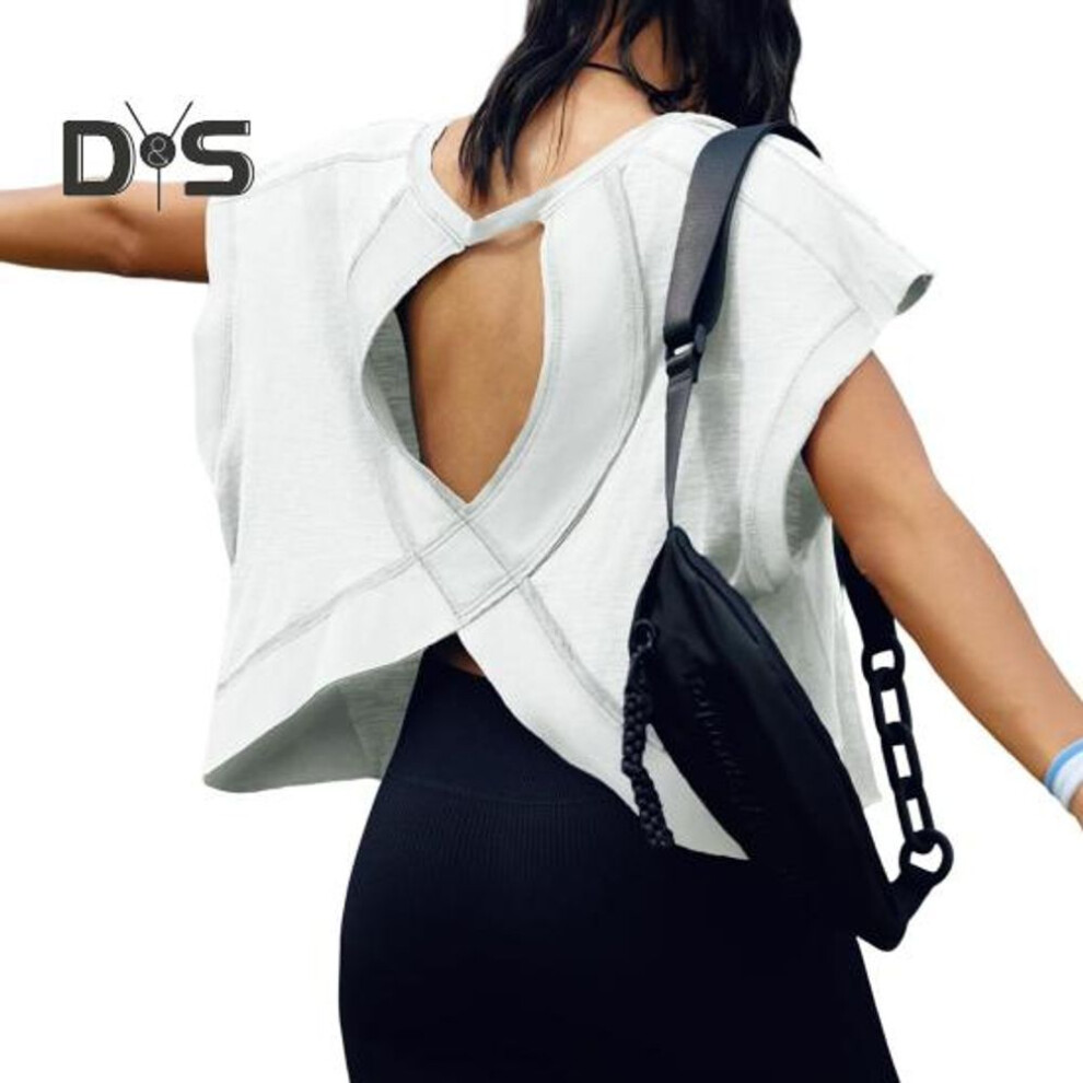 (M, white) Women Running T-shirt Round Neck Short Sleeve Backless Sports Top Loose Fit Solid Color Casual Gym Tops