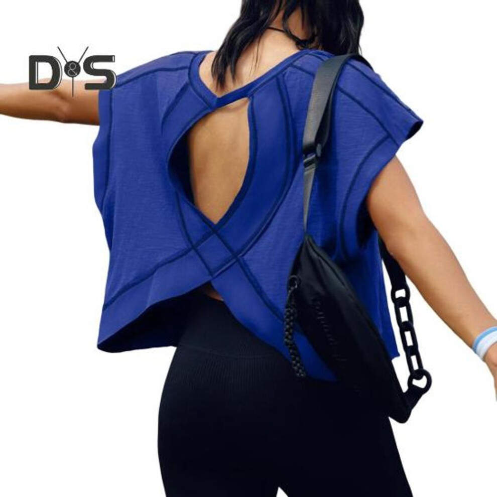 (L, royal blue) Women Running T-shirt Round Neck Short Sleeve Backless Sports Top Loose Fit Solid Color Casual Gym Tops