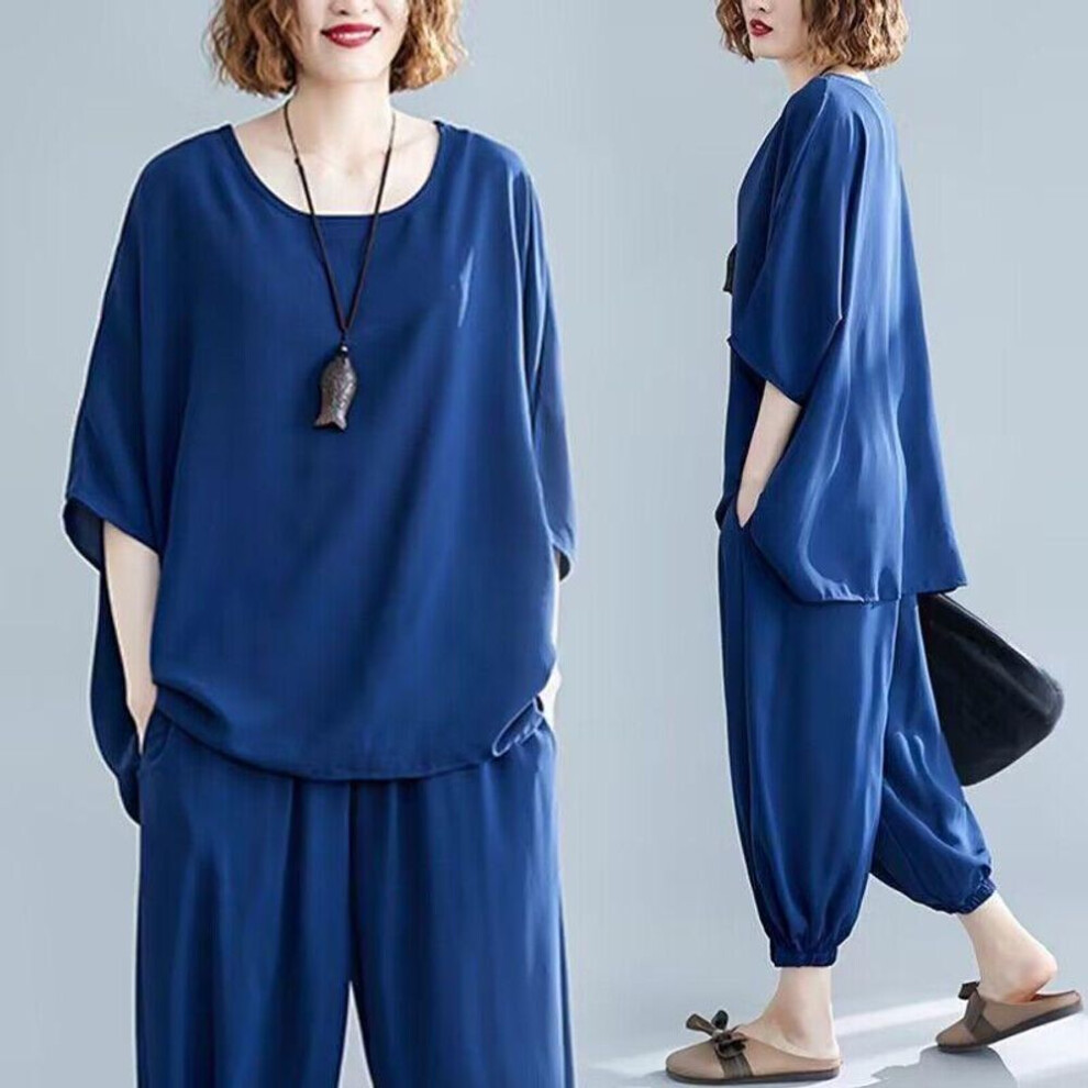 (blue, L) Large Size Casual Suits Women Summer Fashion Slimming T Shirt Loose Pants Two Piece Sets Aesthetic Womens Tshirt Sets