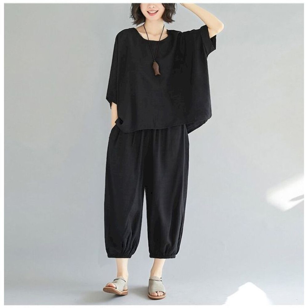 (black, XXXXL) Large Size Casual Suits Women Summer Fashion Slimming T Shirt Loose Pants Two Piece Sets Aesthetic Womens Tshirt Sets